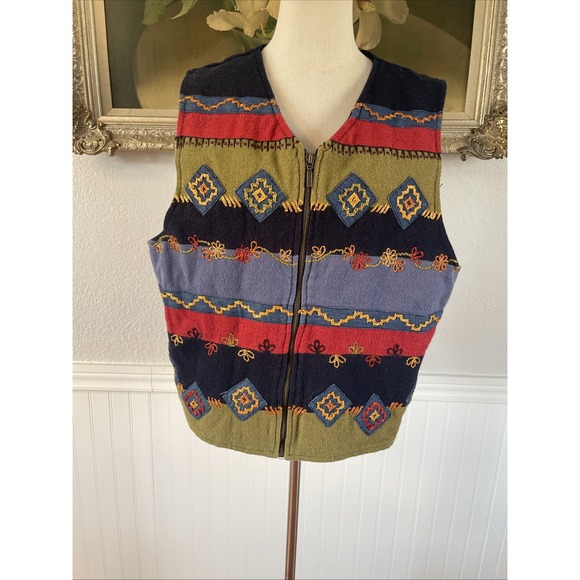 Susan Bristol Jackets & Blazers - Vintage 90s Women Cotton Southwestern Print Appliqué Zip Vest Western Patchwork